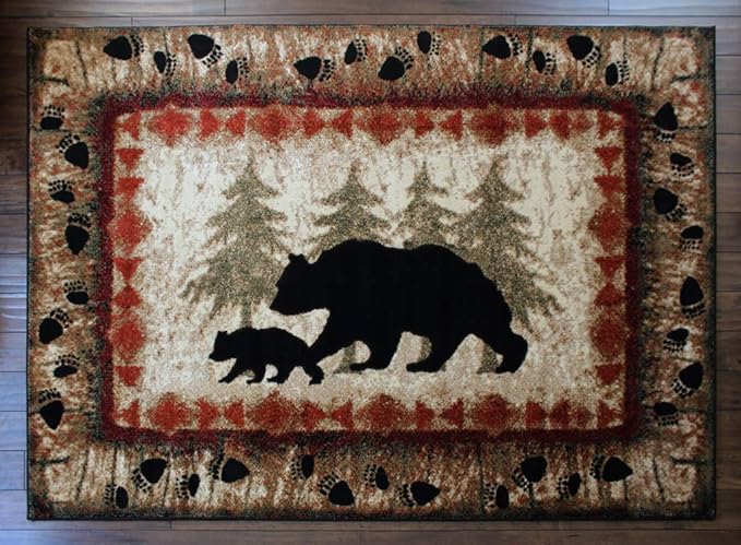 Masada Rugs, Cabin Lodge Area Rug Bear and Cub Scene (6 Feet X 9 Feet)