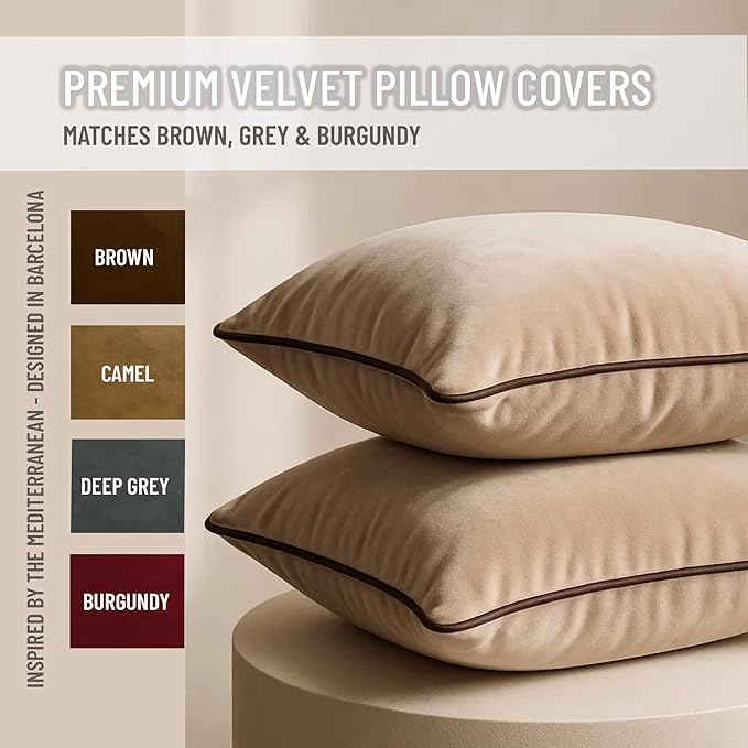 2 Pack Velvet Decorative Throw Pillow Covers, 18"x18", Beige and Brown, Solid, Modern, Contrast Piping, Indoor Use, Bedroom & Living Room
