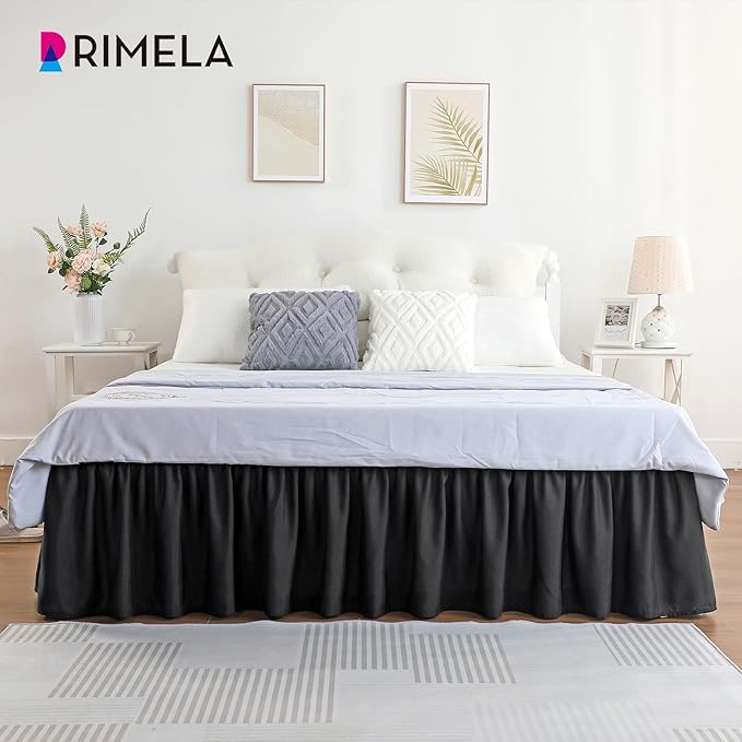 RIMELA Black Bed Skirt King Size 14 Inch Drop, Elastic Bed Skirting for Bed Base and Frame, Bedding Dust Ruffle Easy to Install, Lightweight Comforter Set with Wrap Around Adjustable Bedskirt