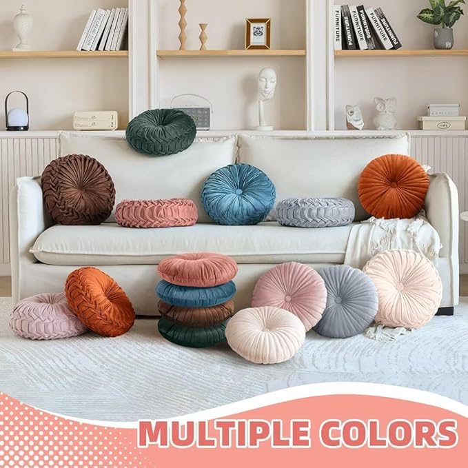 2 Pcs Round Throw Pillows Pleated Velvet Pumpkin Round Pillows Floor Cushion for Living Room Couch Chair Bed Sofa 15.7"x15.7"/13.8" x 13.8" (Beige)
