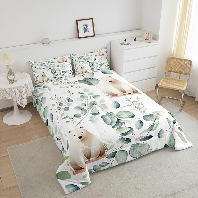 Erosebridal Boys Cartoon Animal King Bedding Sets for Kids Toddler Kawaii Polar Bear Comforter Set, Arctic Wildlife Duvet Insert White Green Down Comforter, Botanical Eucalyptus Bedding Comforter Sets
