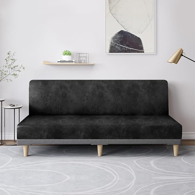 molasofa Leather Like Stretch Futon Slipcover Armless Futon Bed Sofa Cover Furniture Protector with Elastic Bottom, Soft and Washable Futon Cover for Sofa Bed Stay in Place（Larger，Dark Grey）