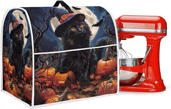Black Cat Stand Mixer Cover 6-8 Quart Pumpkin Bat Kitchen Appliance Covers Dust Protection Universal for Pressure Cooker Air Fryer Halloween Kitchen Home Decorations