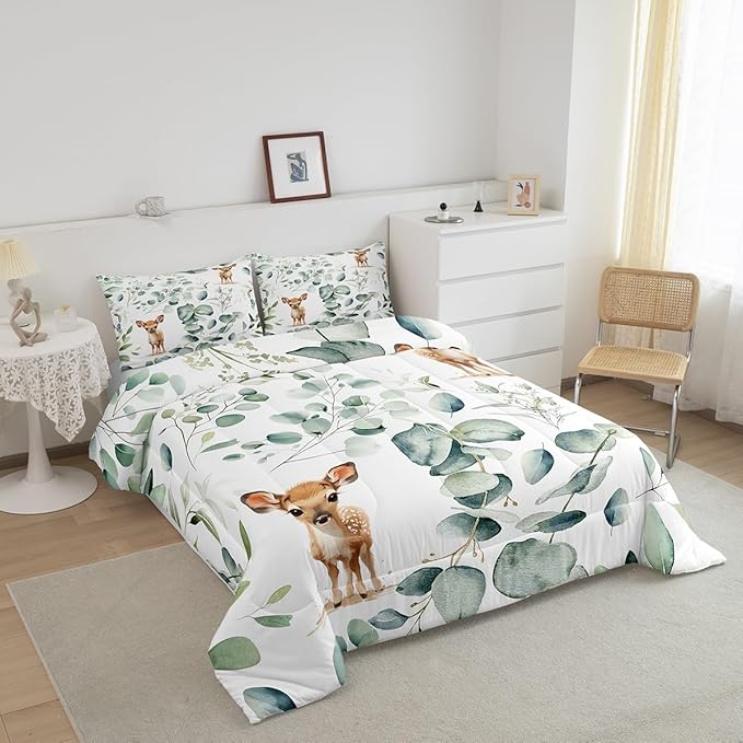 Erosebridal Cartoon Deer Bedding Full Toddler Woodland Wildlife Comforter Set Full, Plant Duvet Insert Eucalyptus Leaf Quilt Comforter, Jungle Animal Theme Bedding Comforters & Sets Kids Room Decor