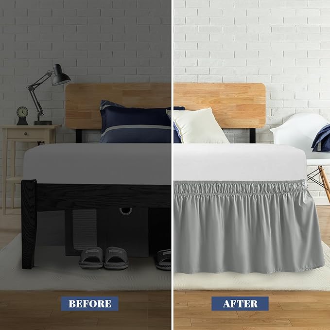 King Bed Skirt, Elastic Wrap Around Bed Skirt King Size, Bed Skirts for Adjustable Bed, Easy Fit with 14" Drop Length Tailored Drop Dust Ruffle (Grey)