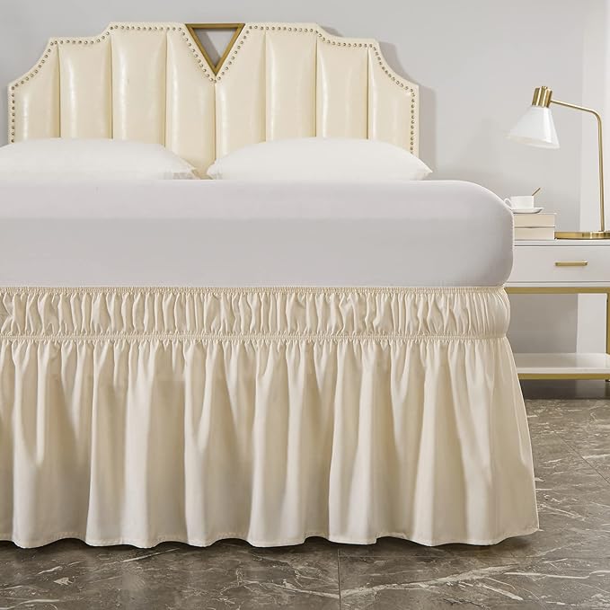 MEILA Wrap Around Bed Skirt Three Fabric Sides Elastic Dust Ruffled 18 Inch Tailored Drop,Easy to Install Fade Resistant-Beige, Twin/Full