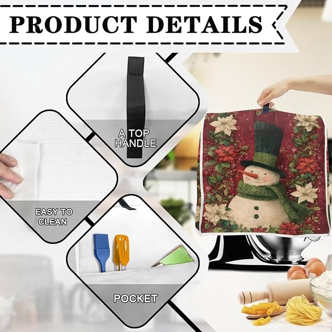 Christmas Mixer Cover Compatible for 4.5-5 Quart Kitchen Mixer Snowman Kitchen Appliance Dust Cover with Top Handle and Accessories Pocket Christmas Decoration