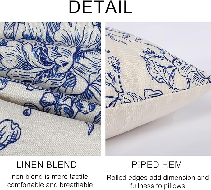Vintage Floral Pillow Cover 18x 18 Set of 2,Blooming Flower Decorative Waterproof Linen Pillow Cushion Case,Modern Home Decor for Outdoor Couch Bedroom Car Blue and White