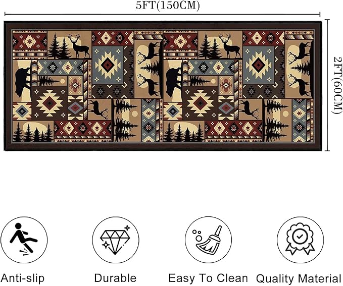 Rustic Cabin Wildlife Runner Rug 2x5,Buffalo Plaid Bear Moose Deer Country,Vintage Throw Carpet Washable Kitchen Rugs Farmhouse Hallway Runners Non Slip Floor Accent Carpet for Entryway Bedroom