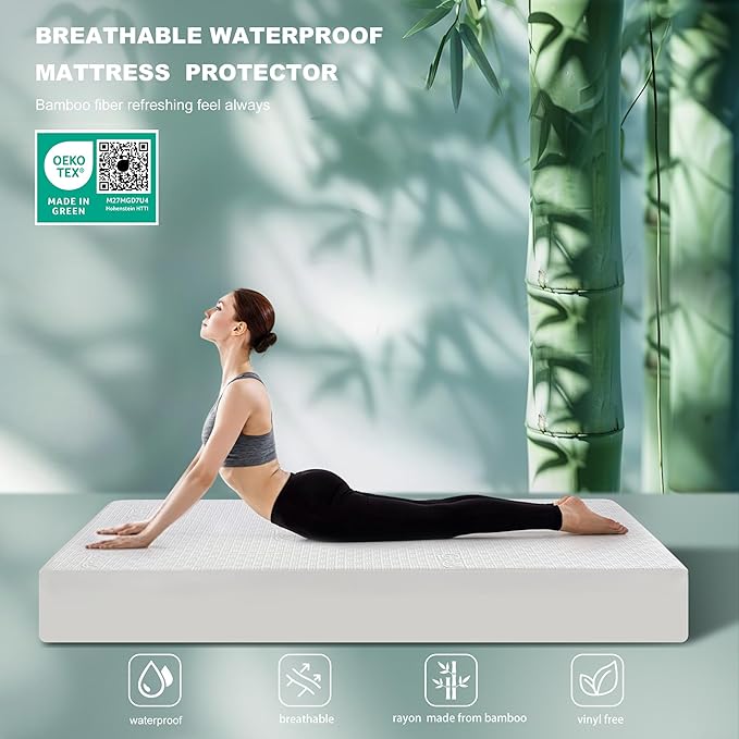 GRT Twin XL Waterproof Mattress Protector, Rayon Made from Bamboo Mattress Cover, Breathable Cooling Soft Mattress Protector, Machine Washable Mattress Pad with 8''- 26'' Deep Pocket