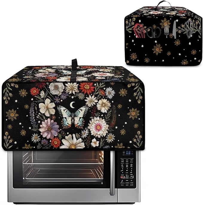 Waterproof Microwave Oven Cover Polyester-Linen Dust Cover for Microwave Oven Foldable Kitchen Machine Covers with Storage Pockets, Butterfly Daisy Floral Plant Moon Print, M