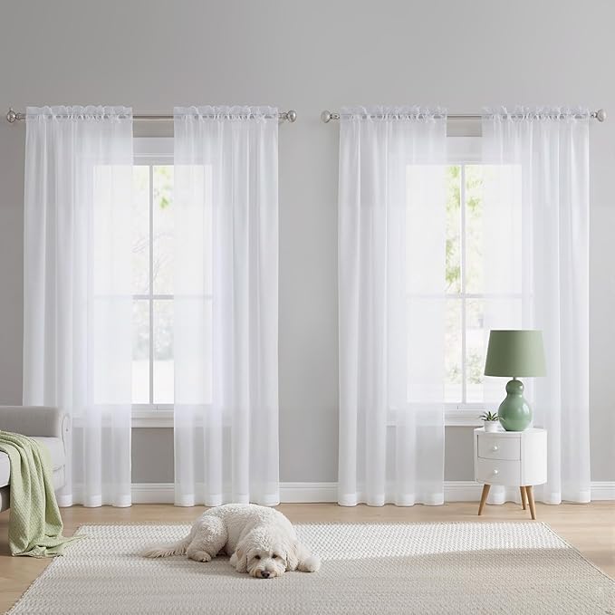 NICETOWN White Sheer Curtains 120 inches Long 4 Panels, 42 inch Wide Rod Pocket Light Filtering Drapes Translucent Modern Voile Airy & Breathable Window Treatment for Living Room