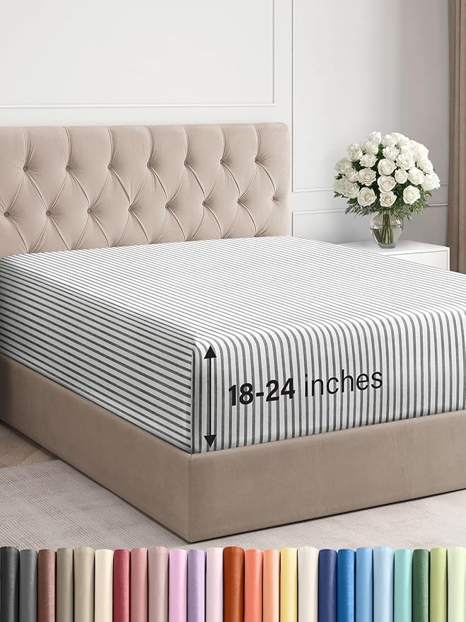 Extra Deep Queen Fitted Sheet - Hotel Luxury Single Fitted Sheet Only - Easily Fits 18 inch to 24 inch Mattress - Ultra Soft, Wrinkle Free with Extra Deep Pockets - Breathable & Comfy - Grey Stripes