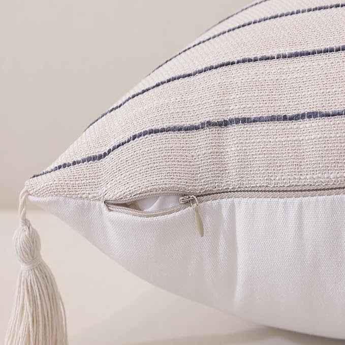 Decorative Boho Throw Pillow Cover 20x20 Inch Set of 2, Soft Textured Linen Striped Throw Pillows with Tassels, Farmhouse Decor Cushion Covers for Couch Bed Living Room, Dusty Blue