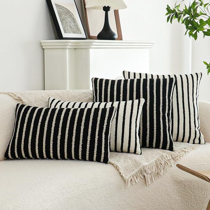 Jonhier White Striped Lumbar Boho Throw Pillow Cover, Modern Boucle Textured Rectangle Pillowcase for Sofa Couch Bed, Neutral Farmhouse Accent Decorative Cushion Cover for Living Room, 12 x 20 inch