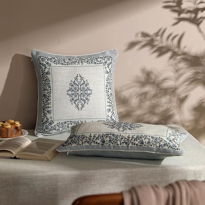 ISAENNE Design Linen Square Throw Pillow Covers 18"x18" Pack of 2, Cottage Farmhouse Cushion Covers with Blue Grey Thorn Vine Pattern Decoration Pillowcases for Bed, Living Room, Outdoor, Car