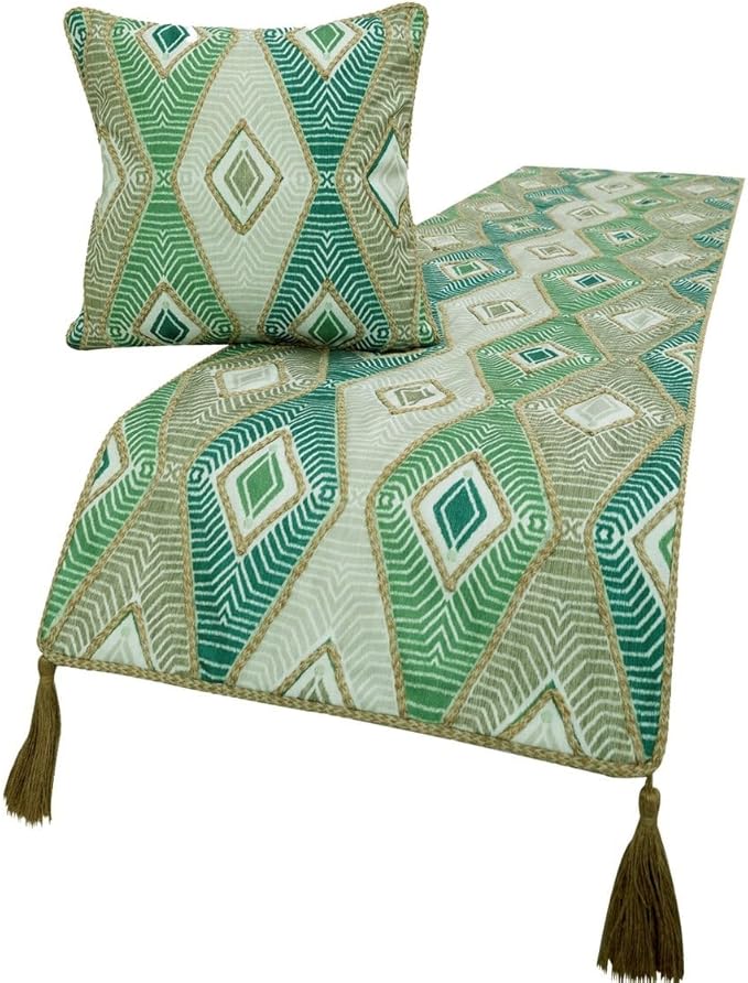 The HomeCentric King/Queen/Twin Green Designer CA King 86"x18" Bed Runner Without Pillow Cover, Aztec, Jute Embroidery, Quilted, Tassels, Jute, Moroccan & Tribal Bed Scarf Cotton - Chantico