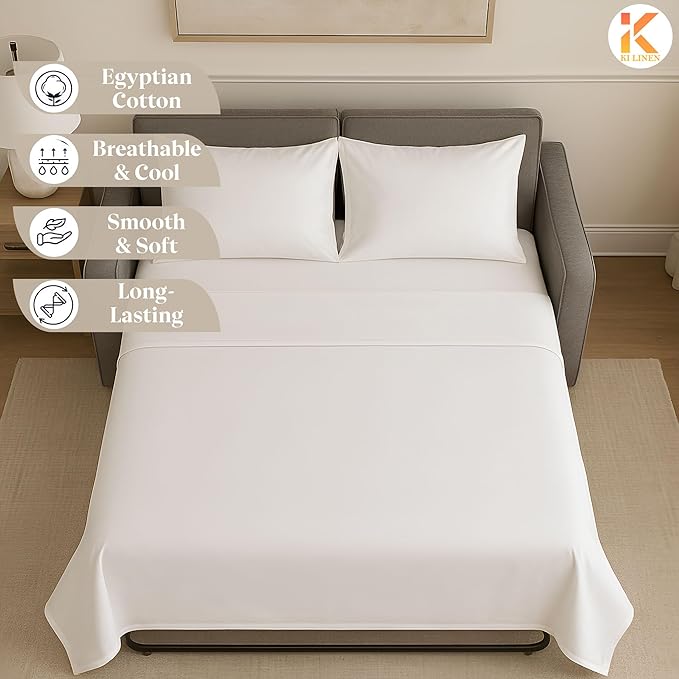 Sleeper Sofa Bed Sheet Set - Queen Size 4 PC's Sheet Set Sofa Bed Sheets - 100% Cotton 400 Thread Count Sofa Sheets - Sleeper Sofa Sheets - Fits Mattresses Up to 6" Drop - White