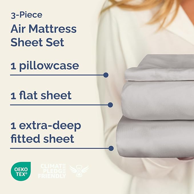 Air Mattress Sheet Set for Twin Size - 3 Piece Breathable & Cooling Sheets w/Extra Deep Pockets - Fits Inflatable & Blow Up Air Mattresses Up to 24 Inches Thick - Soft and Wrinkle Free - Light Grey