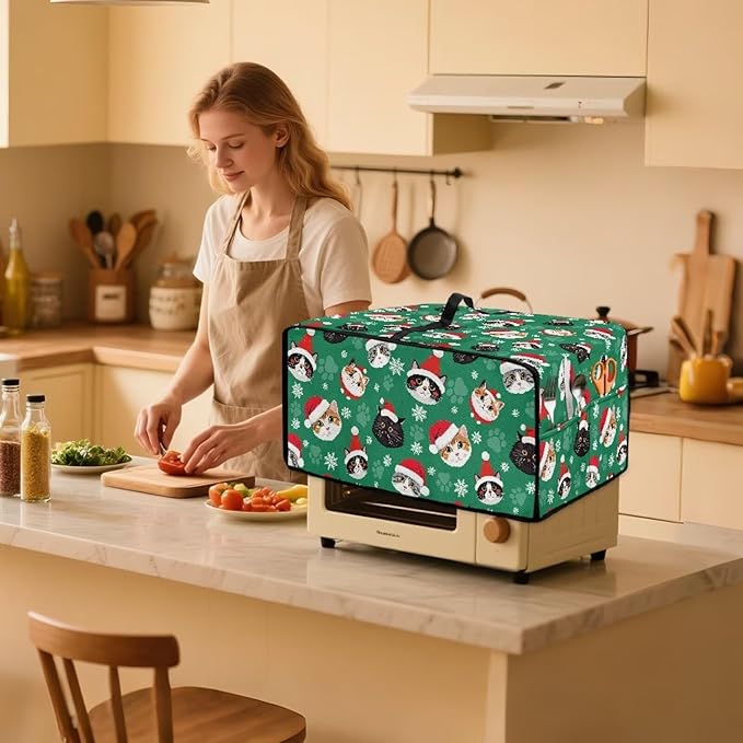 Christmas Decorations Countertop Convection Oven Cover Dust-Proof Toaster Oven Cover with Pockets, Countertop Convection Oven Protector, L, Christmas Hat Cat Paw Snowflake Green
