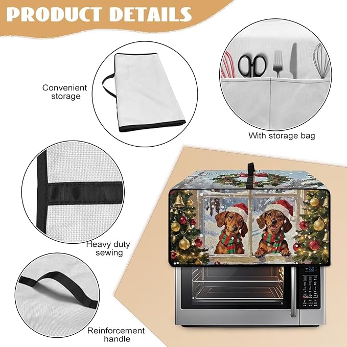 Convection Oven Dust Cover with Storage Pockets, Protective Smart Oven Cover for Kitchen Countertop for Christmas Holiday Party, S, 14.5 x 18.5 x 9 Inches, Dachshund Dog Christmas Tree