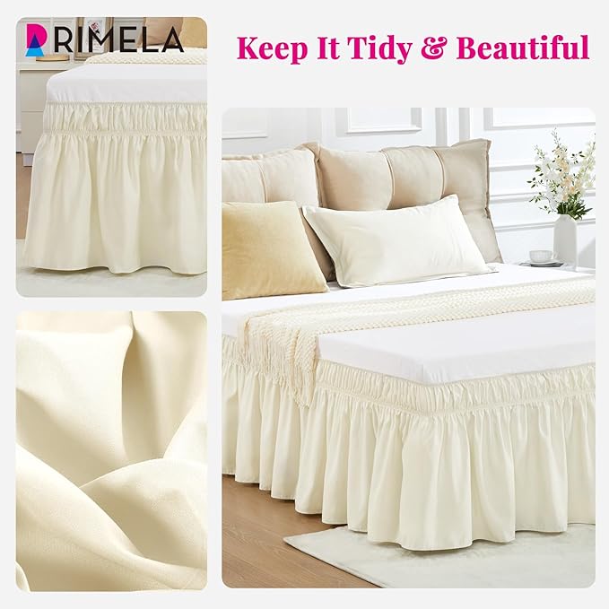 RIMELA Ivory Bed Skirt Queen Size 18 Inch Drop, Elastic Bed Skirting for Bed Base and Frame, Bedding Dust Ruffle Easy to Install, Lightweight Wrap Around Adjustable Bedskirt