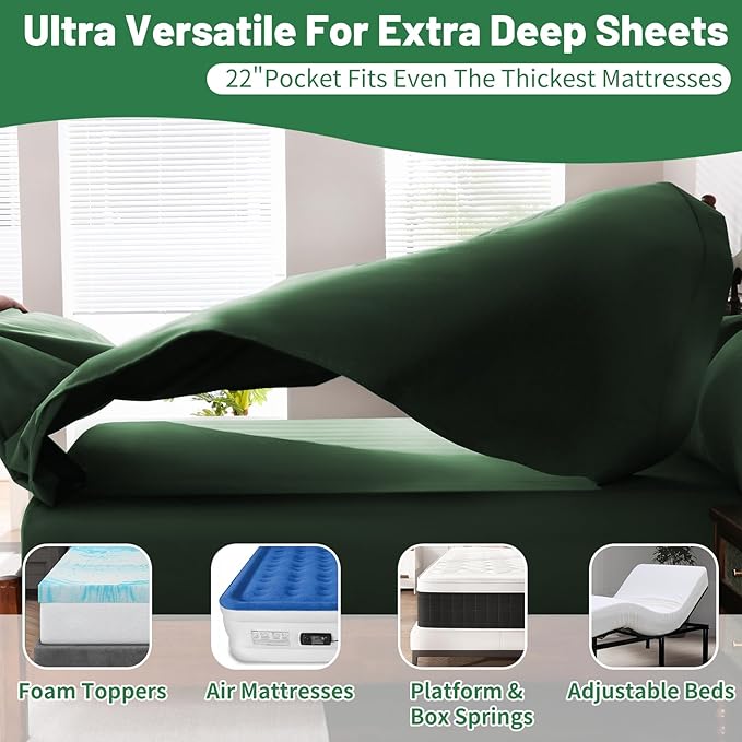 Extra Deep Pocket King Sheets 18-24 Inch 100% Egyptian Cotton 1000 Thread Count Sateen Weave Soft Breathable 4 Pieces（King，Forest Green）