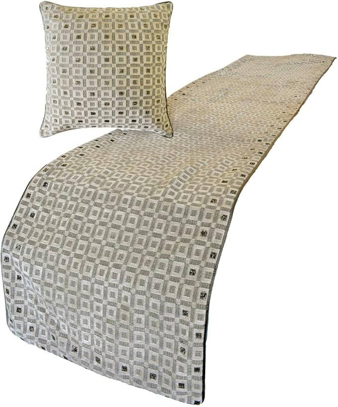 The HomeCentric King/Queen/Twin Grey Decorative Queen 74"x18" Bed Runner with 2 Pillow Cover, Checkered, Beaded, Hand Embroidery Bed Scarf on Velvet Fabric - The Brick Effect