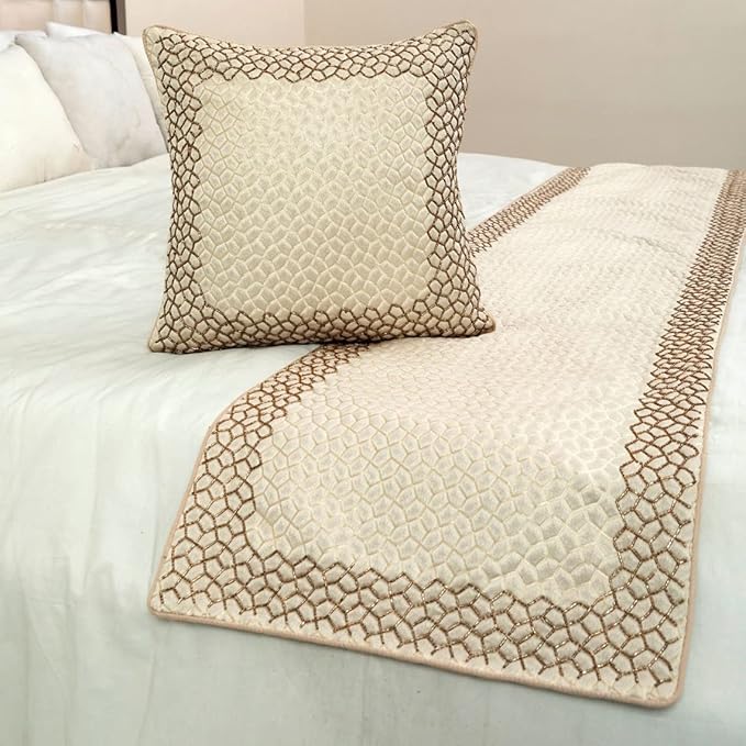 The HomeCentric King/Queen/Twin Ivory & Gold Designer Queen 74"x18" Bed Runner Without Pillow Cover, Mosaic & Beaded Bed Scarf on Jacquard Fabric - Tessellation