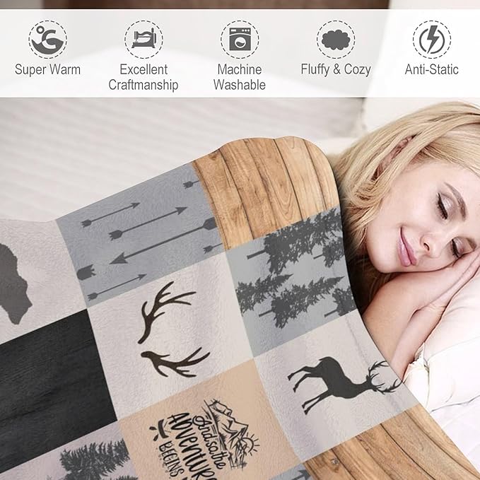 Rustic Cabin Throw Blanket, Retro Camping Bear Deer Farmhouse Wildlife Tree Forest Brown Gray Print Warm Flannel Blanket for Bedroom Camping Travel, 50"x60"