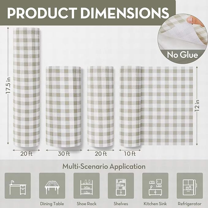 Drawer Shelf Liner, Non-Slip Kitchen Cabinet Liners Non-Adhesive Thick Strong Grip Waterproof Mats Protect Dresser Shelves Cupboard Bathroom Cabinets, Green Plaid, 17.5 in X 20 FT