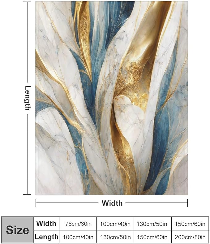 Abstract Marble Blanket, Modern Luxury Baroque Golden Blue White Stone Veins Pattern Soft Warm Cozy Plush Flannel Covers for Livingroom Bedroom Couch Chair Camping Travel Home Decor Tapestry 50x60in