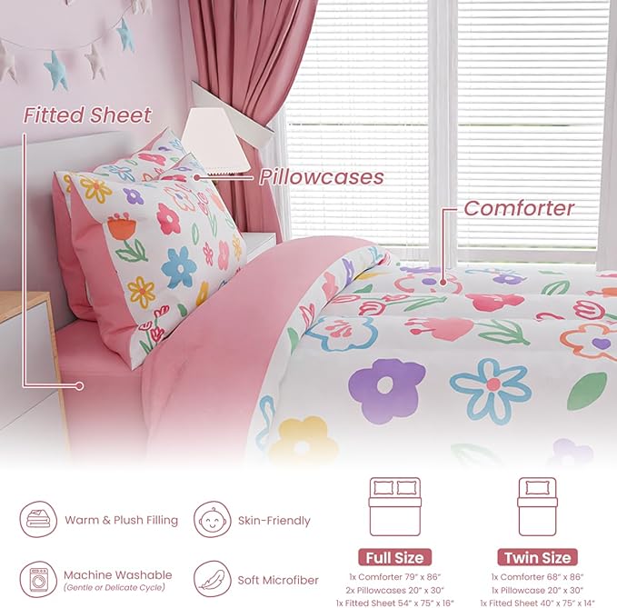 SANDJEST Floral Full Bedding Sets for Girl, Ultra Soft Microfiber Comforter Bed Set with 4-Pieces, Flower Comforters Sets for Kids Children Girl Teen Tween Bedroom Decor