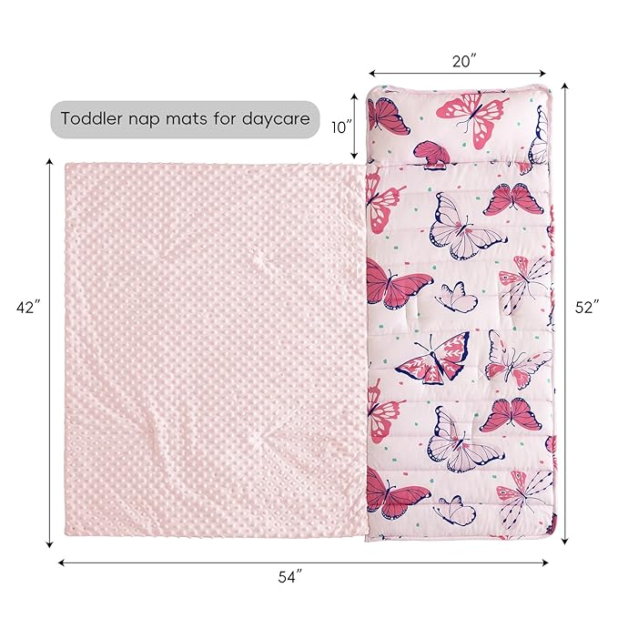 david's kids Minky Toddler Nap Mat with Pillow and Minky Fleece Blanket, Ultra Soft Slumber Bags for Girls, Perfect for Preschool, Daycare, Kids Sleeping Bags with Rollup Design, 50"x20", Butterfly