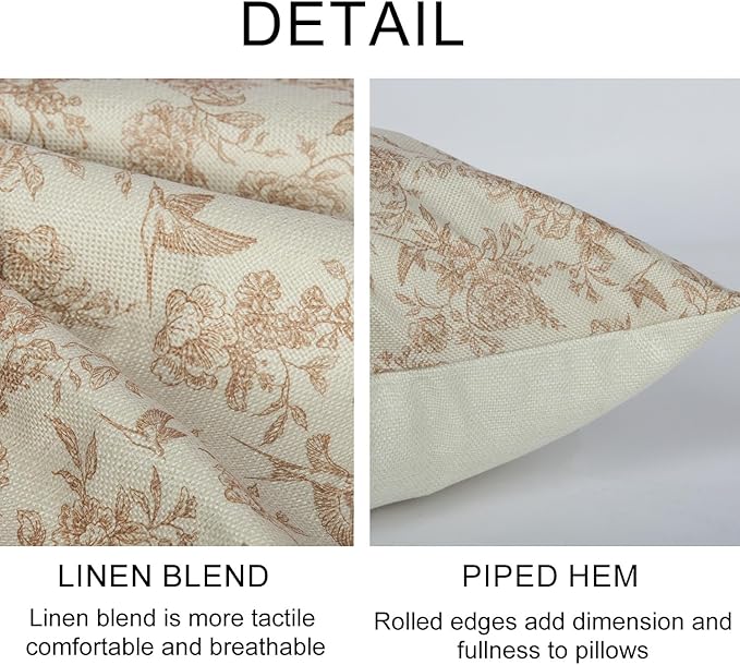 Brown Floral Pillow Cover 18x 18 Set of 2, Vintage Block Print Blooming Flower and Bird Decorative Linen Pillow Cushion Case,Modern Home Decor for Outdoor Couch Bedroom Car