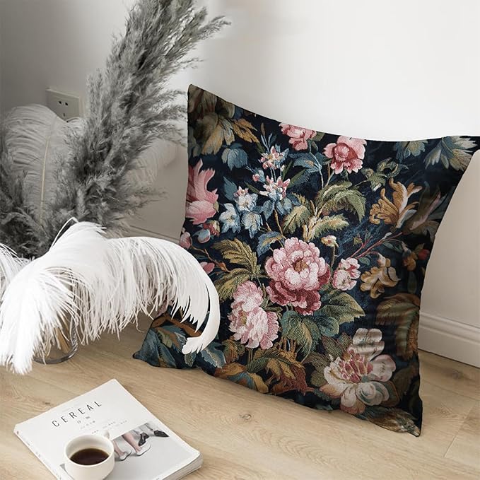 Vintage Floral Throw Pillow Covers, Vintage Flower Pattern Double Sided Cushion Cover, Indoor and Outdoor Home Art Decor Pillowcase for Sofa or Bedroom Decor 18x18inches (Pink Flower, 18x18inches)
