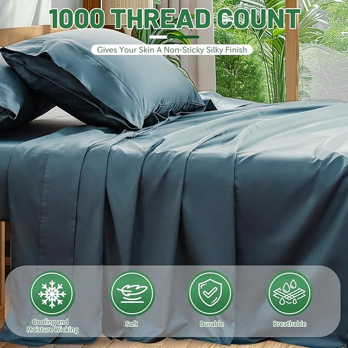Egyptian Cotton Sheets Full Size 4PCS 1000 Thread Count Sateen Weave Soft Breathable 16-Inch Deep Pocket （Full,Lake Blue）
