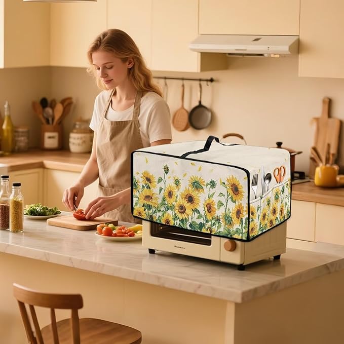 Convection Oven Cover with Storage Pockets, Dust-Proof Small Appliance Protector for Countertop Microwave Toaster Oven, L, 18.5 x 22.5 x 13 Inches, Sunflower Petals