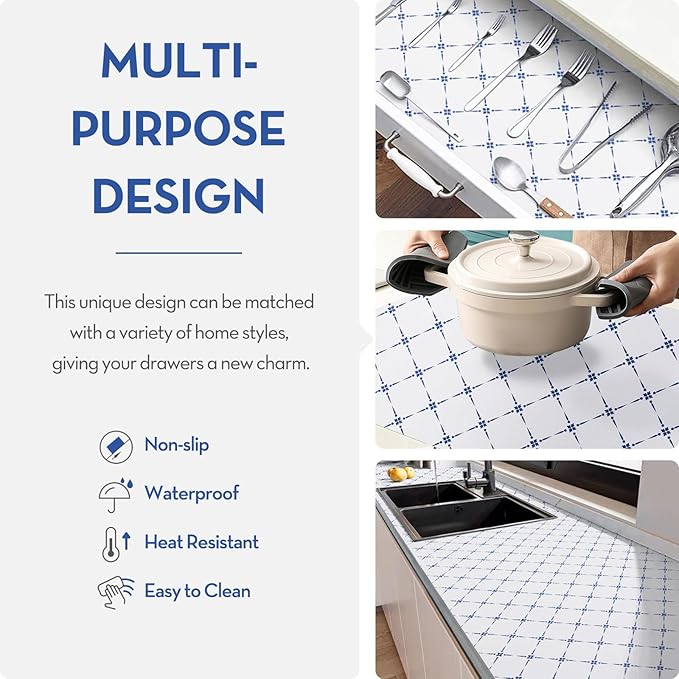 Drawer and Shelf Liner, Non-Slip Kitchen Cabinet Liners Non-Adhesive Thick Strong Grip Waterproof Washable Mats Protect Dresser Shelves Cupboard Bathroom Cabinets, Blue Stripe, 12 in X 30 FT