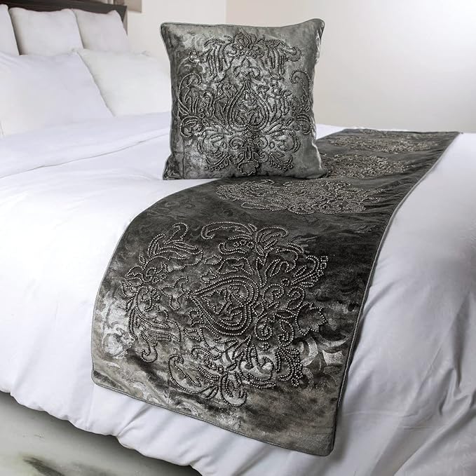 The HomeCentric Decorative Designer Handmade Bed Runner Without Pillow Cover, 74 x 18 Inch Damask Designer Queen Size Bed Scarf in Foil Velvet and Embroidery Bed Linen Foot Warmer Home - Foil Damask