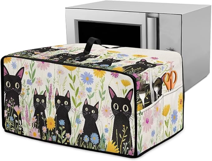 Countertop Microwave Oven Cover with Side Pockets, Dust Protection Small Appliance Toaster Ovens Dust Cover, S, 14.5 x 18.5 x 9 Inches, Cartoon Black Cat Daisy Flower