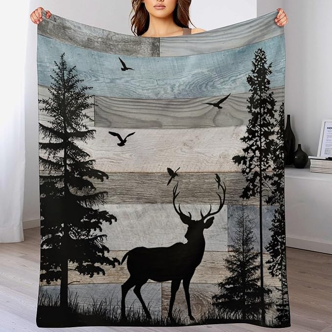 Rustic Deer Throw Blanket, Retro Cabin Farmhouse Country Lodge Blue Brown Wooden Board Wild Forest Animals Deer Bird Print Warm Cozy Blanket for Bed Couch Sofa Travel, 40"x50"