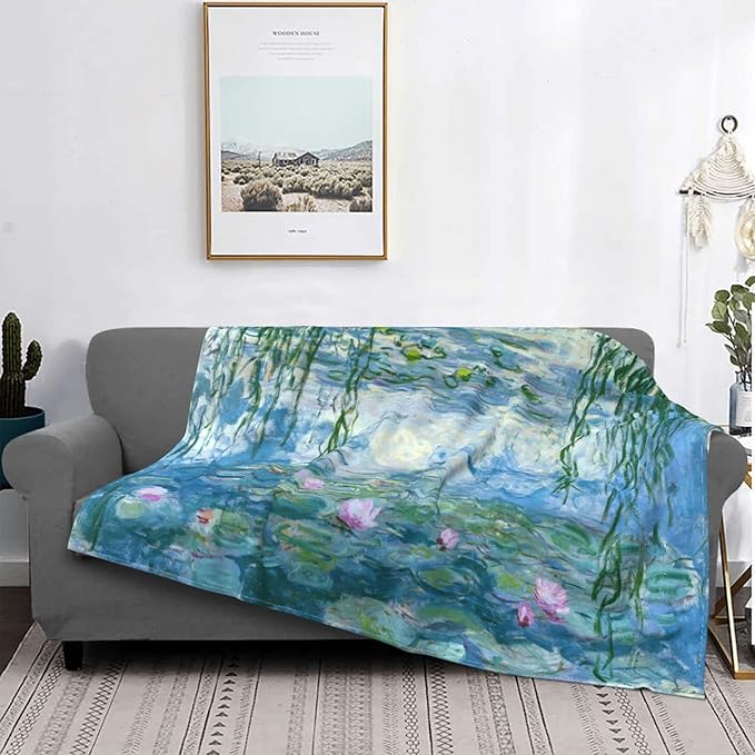 Monet Water Lilies Soft Blanket All Season Fuzzy Throw Warm Lightweight Blanket Flannel Blankets Fleece Throws for Bed Sofa Couch Travel Home Living Room Decor 80"x60"