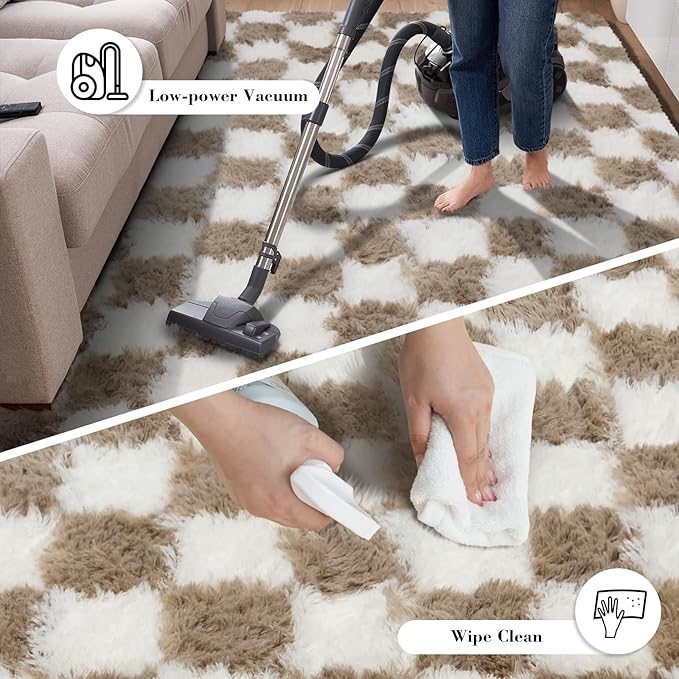 Checkered Rug for Bedroom, 2x6 Beige and White Area Rugs, Classic Checkered Carpets Shaggy Area Rug, Bedside Rugs for Living Room Bedroom Kids Room Home Decor