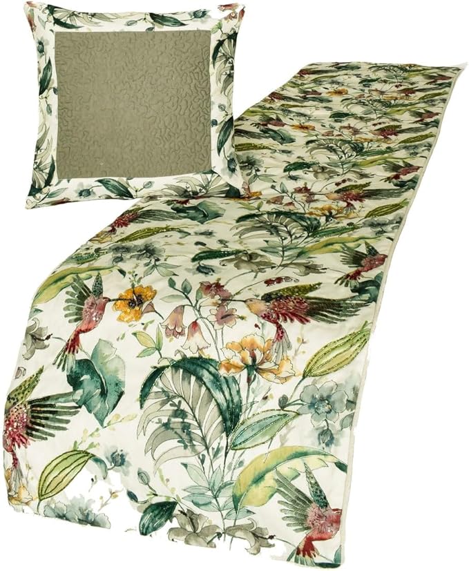 The HomeCentric King Queen Twin Ivory & Multi Designer CA King 86"x18" Bed Runner with 2 Pillow Cover, Bird, Sequins & Beaded Bed Scarf on Cotton Fabric - Exotic Birds
