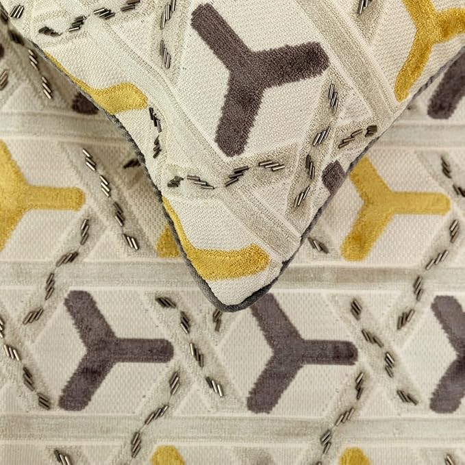 The HomeCentric King/Queen/Twin Grey & Yellow Designer King 90"x18" Bed Runner with 2 Pillow Cover, Beaded Bed Scarf on Velvet Fabric - Tripod