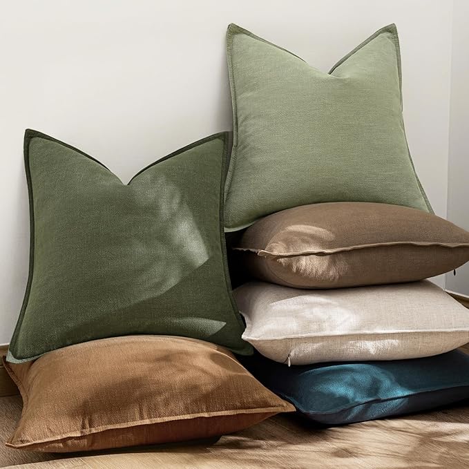 EMEMA Decorative Linen Throw Pillow Covers 18x18 Inch Brown Boho Farmhouse Neutral Couch Throw Pillows for Bed Pack of 2 Accent Pillowcase Modern Sofa Cushion Livingroom Home