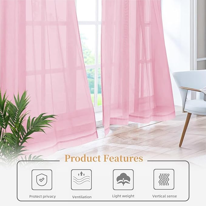 Sheer Curtains 63 Inches Long 2 Panels, Rod Pocket Short Curtain for Kitchen, Bedroom, Cafe Window(Pink 38" W x 63" L)