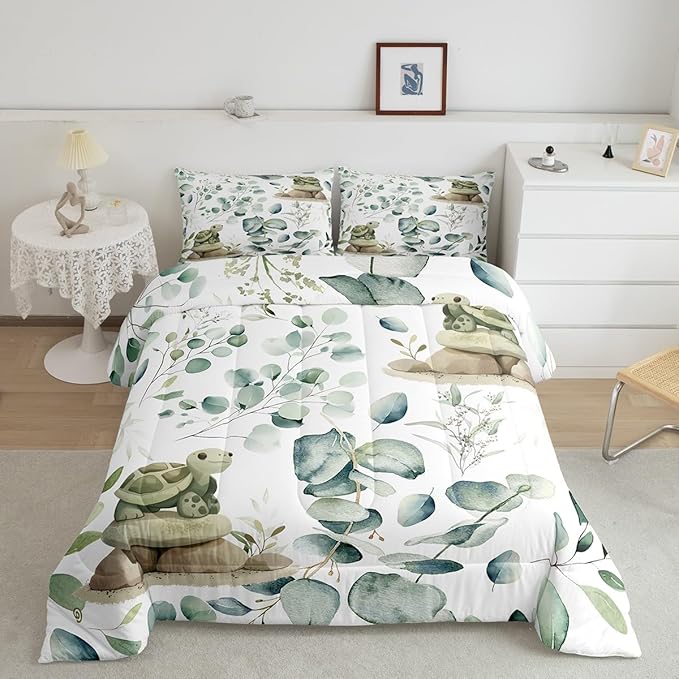 Erosebridal Kawaii Turtle Bedding King Size for Boys Girls Cartoon Animal Comforter Set King, Eucalyptus Leaves Duvet Insert Marine Wildlife Quilt Set, Tropical Plants Bedding Comforters & Sets