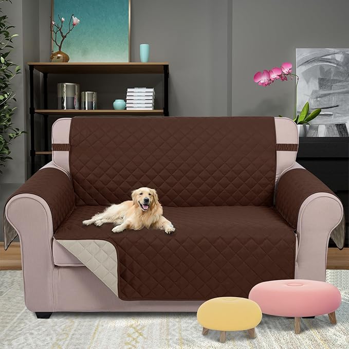 U-NICE HOME Loveseat Sofa Cover Reversible Couch Covers for 2 Cushion Couch for Dogs Furniture Protector Cover with Elastic Straps Water Resistant(Loveseat Small, Brown/Beige)